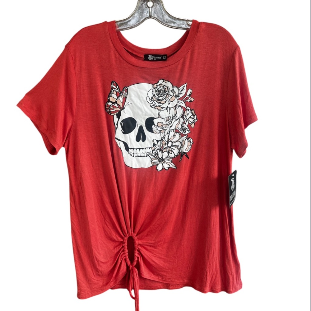 Rust Orange Graphic Skull T-Shirt With Butterflies & Roses Womens NWT